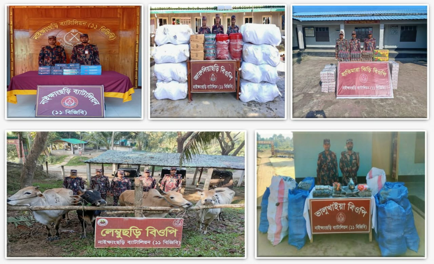 নাইক্ষ্যংছড়ি সীমান্তে বিজিবির অভিযান: ২৪ ঘণ্টায় জব্দ প্রায় ১১ লাখ টাকার মালামাল